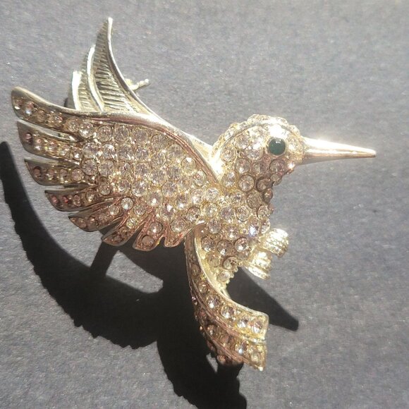 Silver-Tone Hummingbird Brooch Clear Rhinestones & Green Eye Vintage Pin Jewelry - Picture 1 of 6